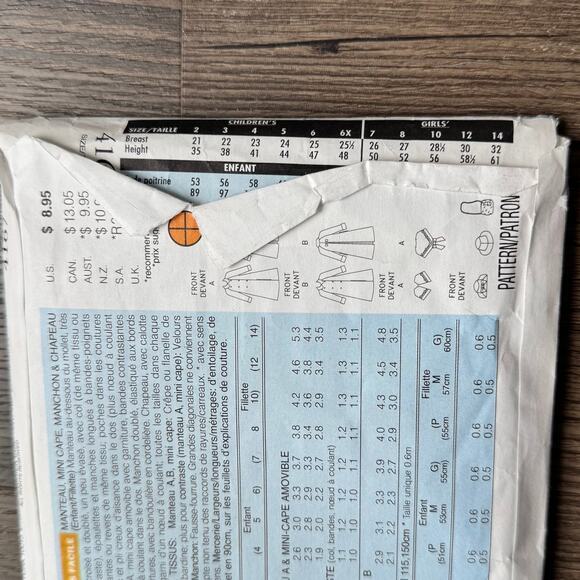 UNCUT Vintage 1990s Butterick 4167 Sewing Pattern Girls 4T-6T Coat Cape Muff Hat - Picture 3 of 3